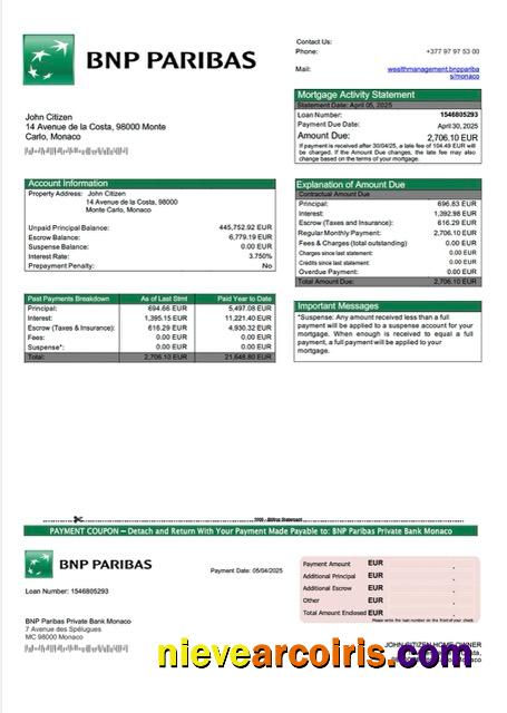 Monaco BNP Paribas Private Bank Monaco mortgage statement Word and PDF template